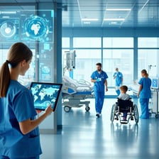 The image depicts a modern hospital environment bustling with activity In the foreground a nurse checks a digital tablet while standing beside a patient bed with a realtime bed status dashboard visible on a nearby screen The background shows a divers-1